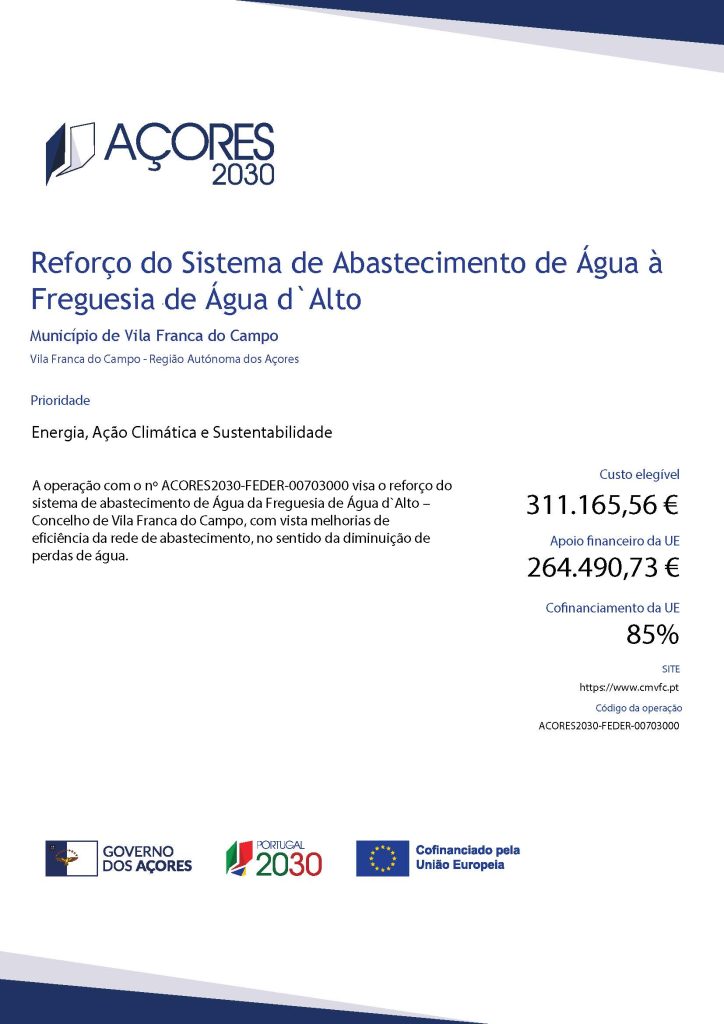 Ficha de Projeto Reforco Abastecimento Agua Candidaturas a Fundos Comunitários